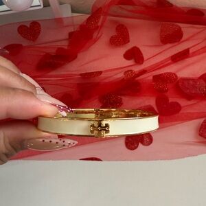 Tory Burch Gold-Tone White Enamel Hinged Bangle Bracelet